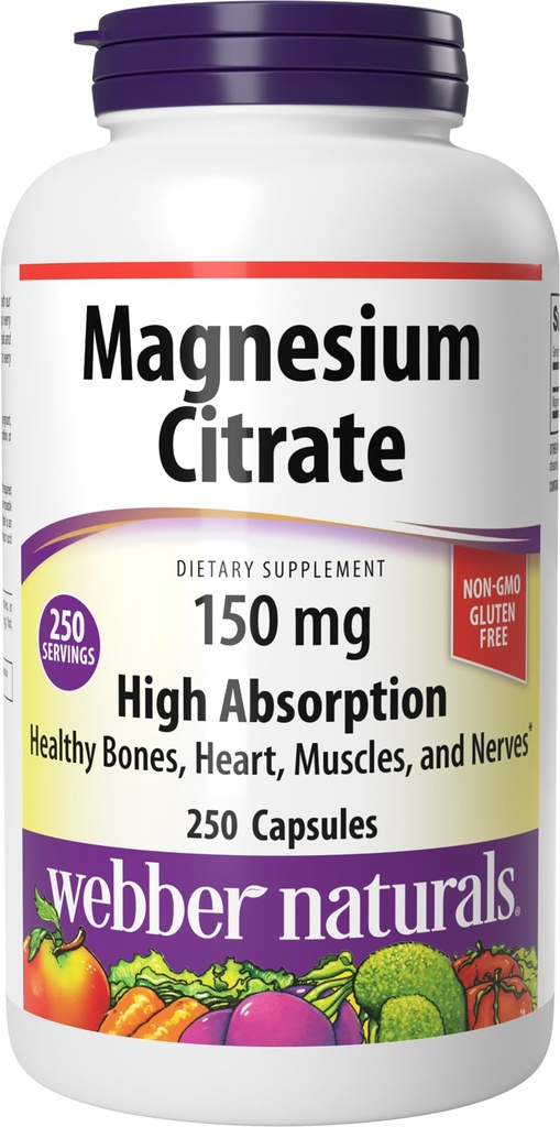 Webber Magnesium Citrate, 150 mg Per Capsule, 250 Capsules, Penyerangan Tinggi, Membantu Dukungan Tulang, Gigi dan Otot Proper & Heart Fungsi, Gluten & Dairy Bebas