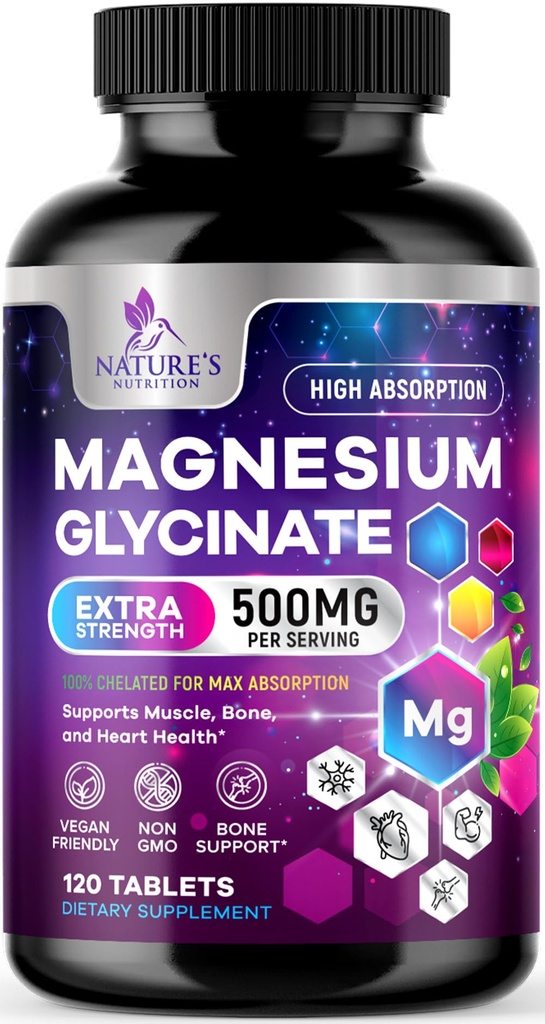 Magnesium Glycinate 500mg - Dilengkapi untuk Ledakan Ultra - Mendukung Bone, Muscle, Nerves & Heart Health, Dukungan Alam, Pil Suplemen Magnesium Terbaik untuk Dukungan Tubuh Seluruh - 120 Tablet