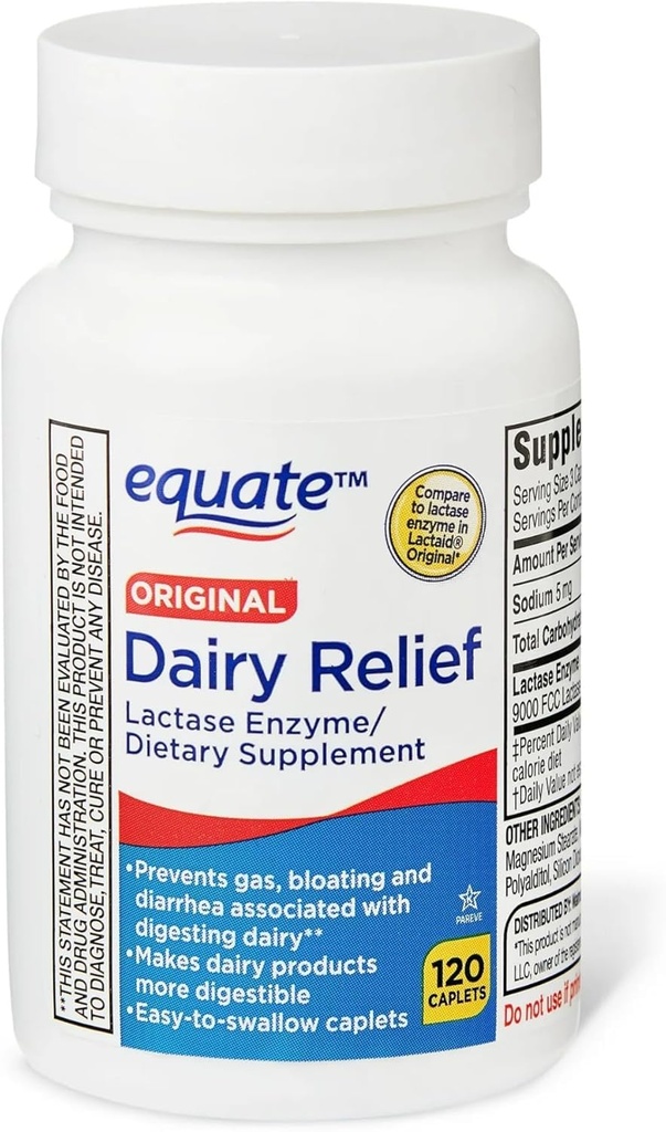 Caplet Dairy Relief, Asli, Lactase Enzyme, 120 Pil dengan Equate (Paket 1) + Sticker