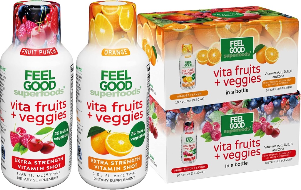 FeelGood Superfood Vita Fruits and Veggies Ammune Support Shot Supportions, 25 Organic Fruits and Veggies, Ready to Drink Immunity Booster, Orange and Frup Flavor, Combo Pack of 20