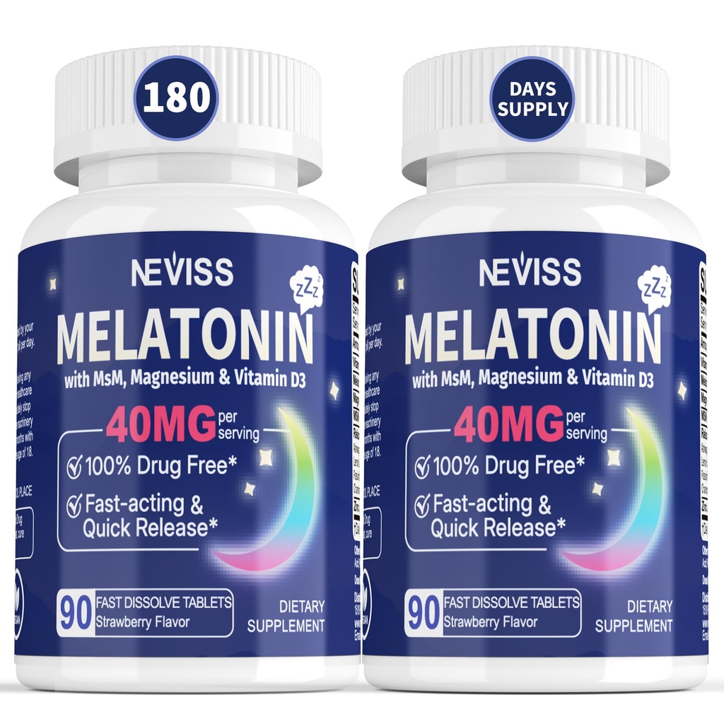 Melonatin 40 mg untuk Dewasa - Quast Dissolve & Chewable Sublingual Sleep Sublinual Tambahan Melonalin dengan Vitamin D3 & MSM, Selenium for Health Cycle, Deep Zzzs, Sugar- Free, 180 Servings
