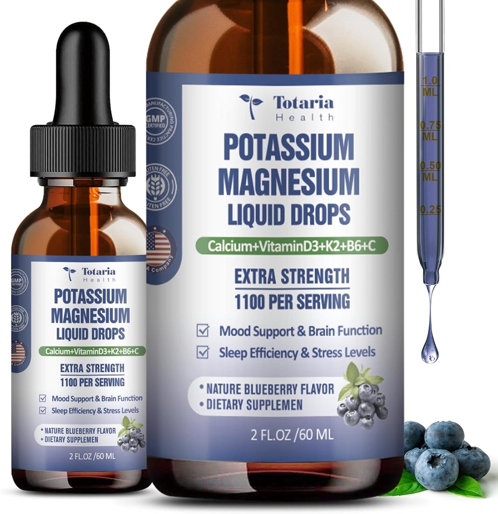 (2 Packs) Potasium Magnesium Tambahan Cairan - 200mg Potasium & 600mg Kompleks Triple Magnesium Liquid Citrate Minyak Tinggi Potasio Mendukung Tulang, Otot, Krisis Kaki