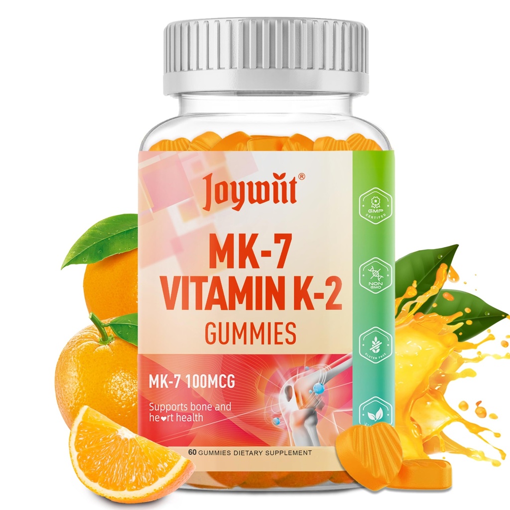 Vitamin K2 MK-7 Gummies 100mcg, Tambahan Kekuatan K2 Vitamin untuk Dukungan Bone & He-Art, Flavor Orane Chewable, Non GMO, Vegan, 60 Gummies