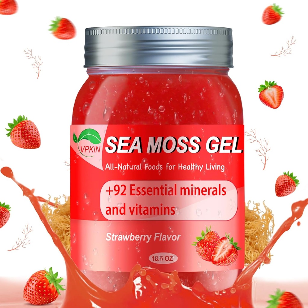 Sea Moss Gel, Organic Raw Irish Seamoss Gel Advanced Superfood, Ammune and Digetical Suplemen Vitamin dan Mineral (Strawberry, 18.5OZ)