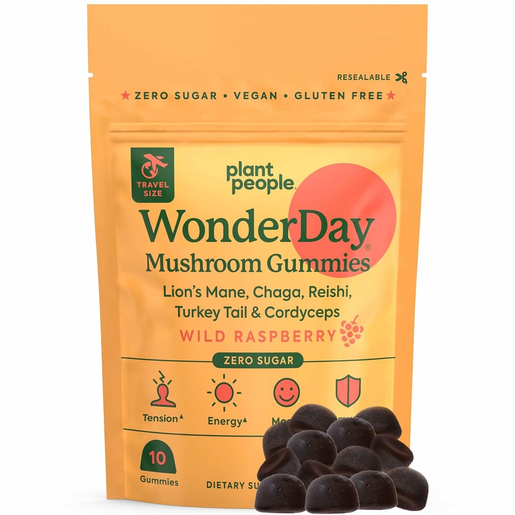 Plant People - WonderDay Mushroom Gummies Mini 124; Daily Gummy Multi Dukungan untuk Seimbang Seluruh Tubuh, Mood, De- Stres, Energi, Imune dan Kesehatan Gut; Natural, Vegan, NON-GMO 124; Ukuran Trial
