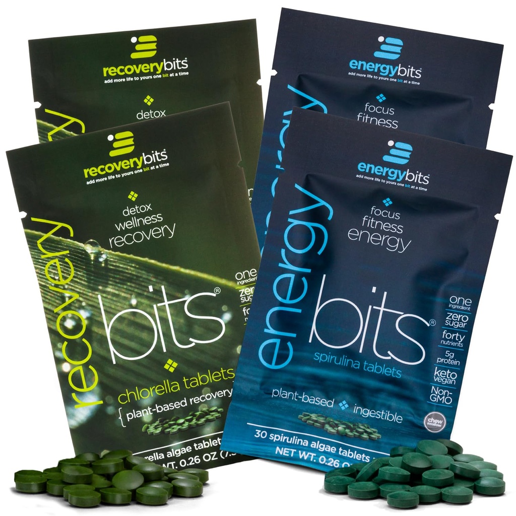 ENERGYbits / RECOVERYbits - Organic Spirulina & Chlorella Tablet - Single Serving Packs - Algae Superfood - High Protein, Chlorofil - Self Care - Vegan, Keto, Gluten Free - 4 Bags, 30 / Bag