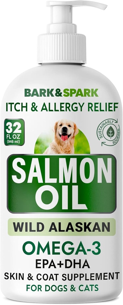 BARK & SPARK Salmon Oil for Dogs & Cats - Natural Omega-3 Fish Oil for Dogs - Skin & Coat Dukung - Liquid Food Suplemen untuk Pets - EPA + DHA Acids Gendut untuk Fungsi Gabungan, Imune & Heart Kesehatan 32oz