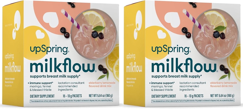 UpSpring Milkflow Immune Suppport Breatfed Supplemen Mix Fenugreek- Free, Moringa 124; Elderberry Flavor Lemonade 124; Lactation Supplemen untuk mendukung Breast Milk Supply 124; 2 Pack
