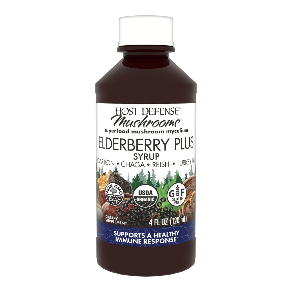 Pelindung Host Elderberry Plus Syrup - Imuniune, Respiratory & Lung Dupport * - Limid Mushroom Suplemen dengan Turkey Tail, Reishi, Agarikon & Chaga * - 4 fli oz (12 Pelayan)