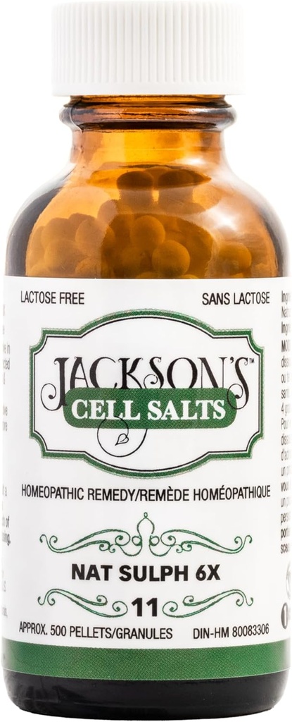 Jackson 's # 11 Cell Salt NAT Sulph 6X (500 Pellet Bottle) - Vegan bersertifikat, Lactose- Free Schuessler Tesus Garam Natrum Sulphuricum 6X
