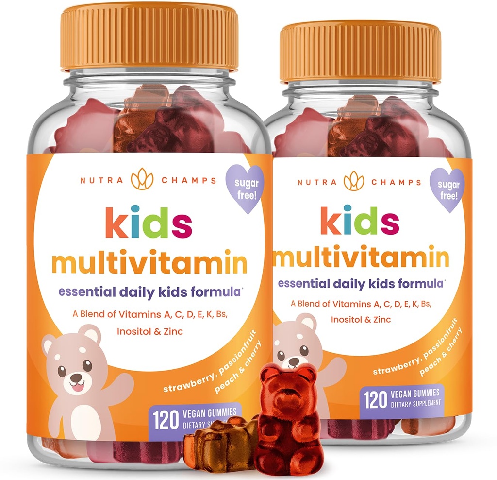 NutraChamps 120 Gummy Vitamin for Kids (Pack of 2), Sugar Free Kids Vitamin Gummy Multivitamin, Vegan & Non-GMO, Strawberry, Passionfruit, Peach & Cherry