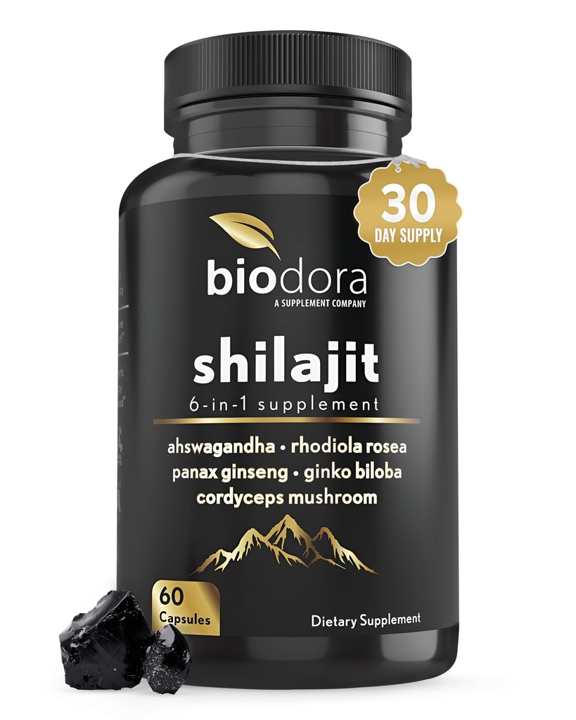 6-in- 1 Shilajit Supplemen 300mg, Mood dan Energi Dukungan Dukungan Dukungan dengan 60mg Murni Ashwagandha, Rhodiola Rosea Panax Ginseng untuk Dukungan Imune, Memori dan Fokus, 85 + Trace Minaughts, 60 Capsules