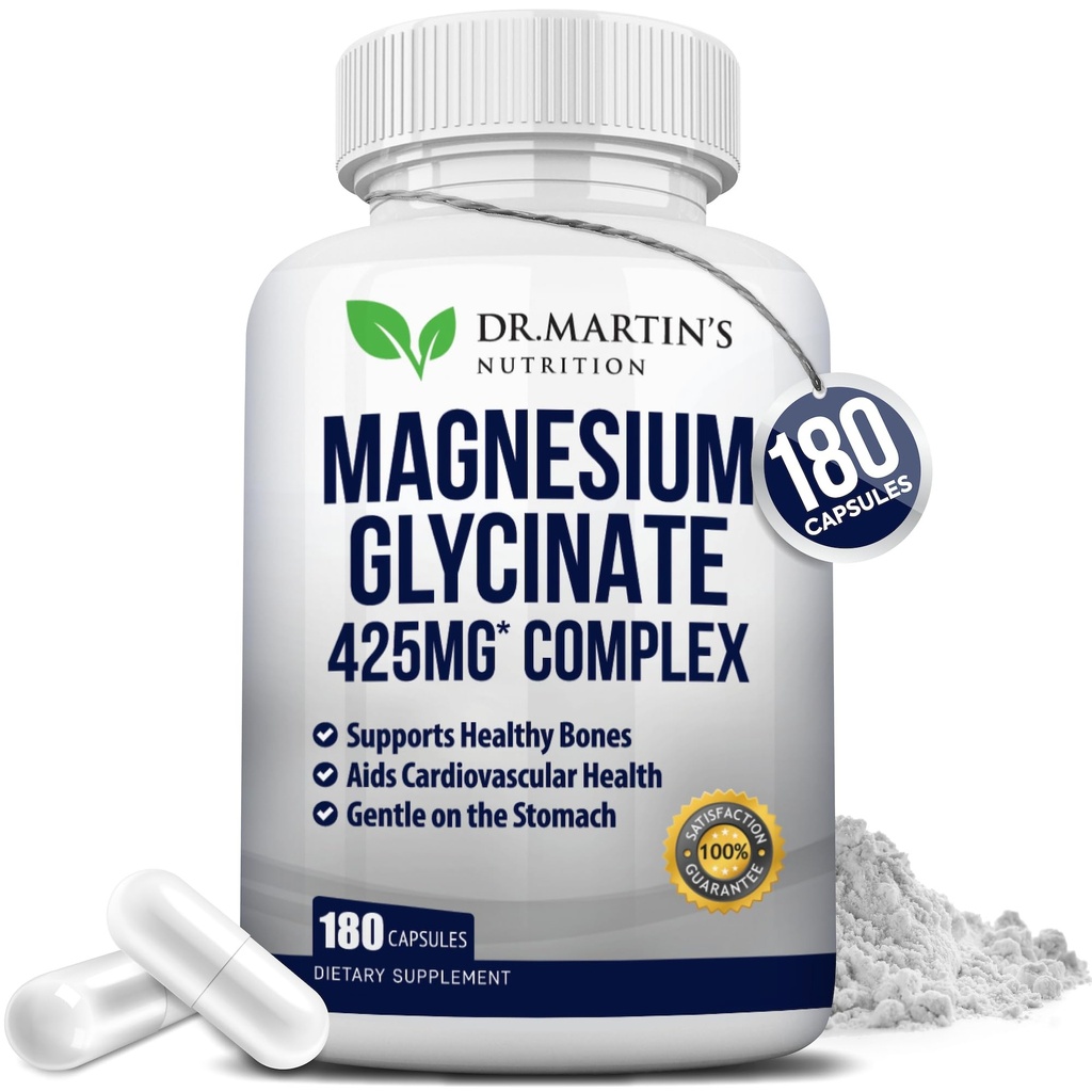 Premium Magnesium Glycinate 425mg - 180 Vegan Capsules - Membantu dengan Stress Relief, Tidur, Kepiting Otot & Hati Sehat 124;