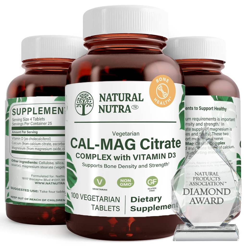 Nuttra Cal- Mag Citrate dengan Vitamin D3.1000 / 500 mg Kompleks, Strengthen Bone Density, Muscle and Nerve Health, Bantuan mempertahankan Gigi sehat, Sumber Sangat Bioavable, 100 Vegan Tablet