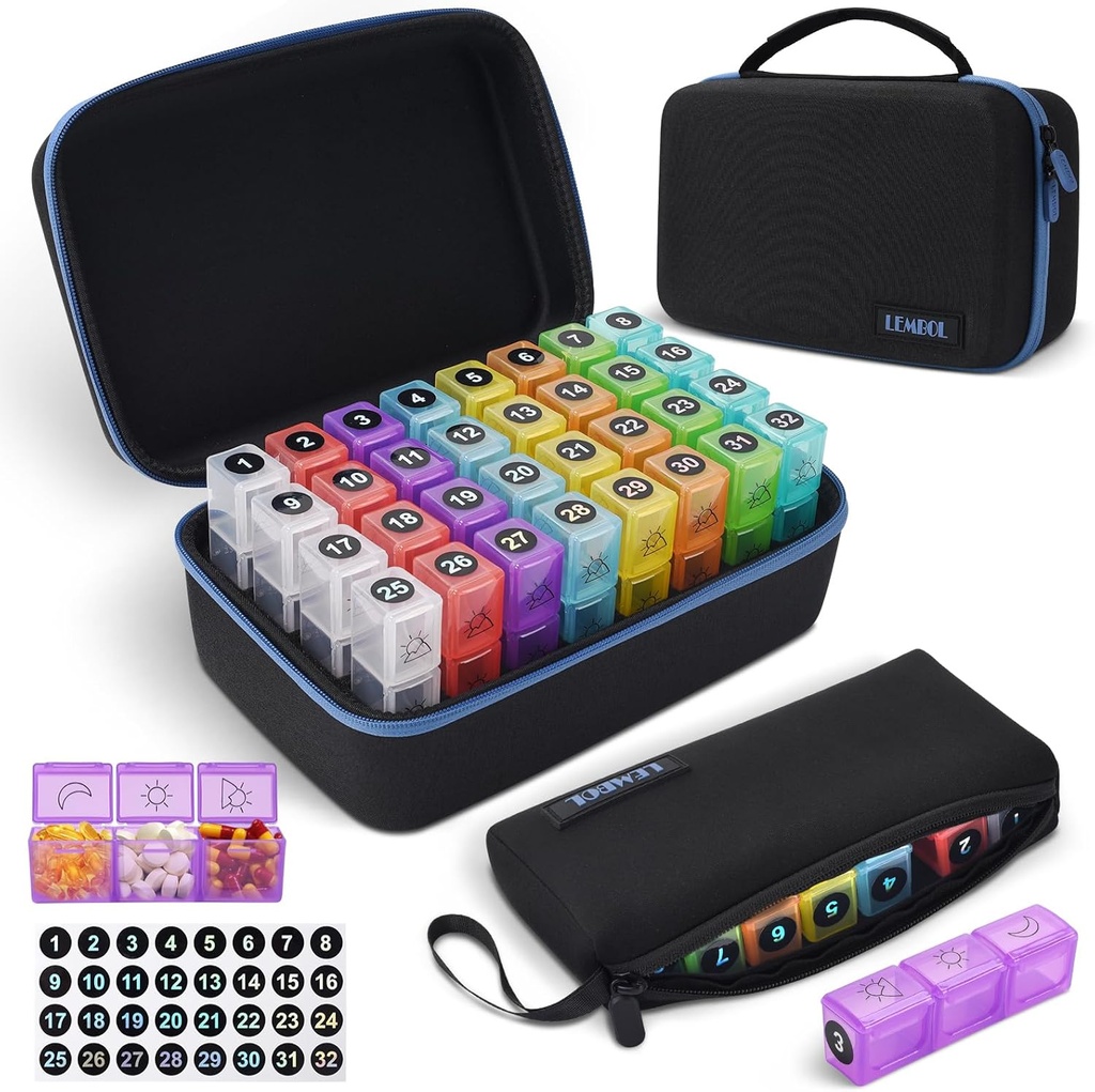 Monthly Pill Organizer 3X sehari dengan Portable 7- Day Travel Medicine Organizing Bag, Kotak Pil Besar dengan 32 Daily Comparts, 30 Day Pill Caster Medicine Organizer untuk Vitamin, Suplemen dan Medikasi