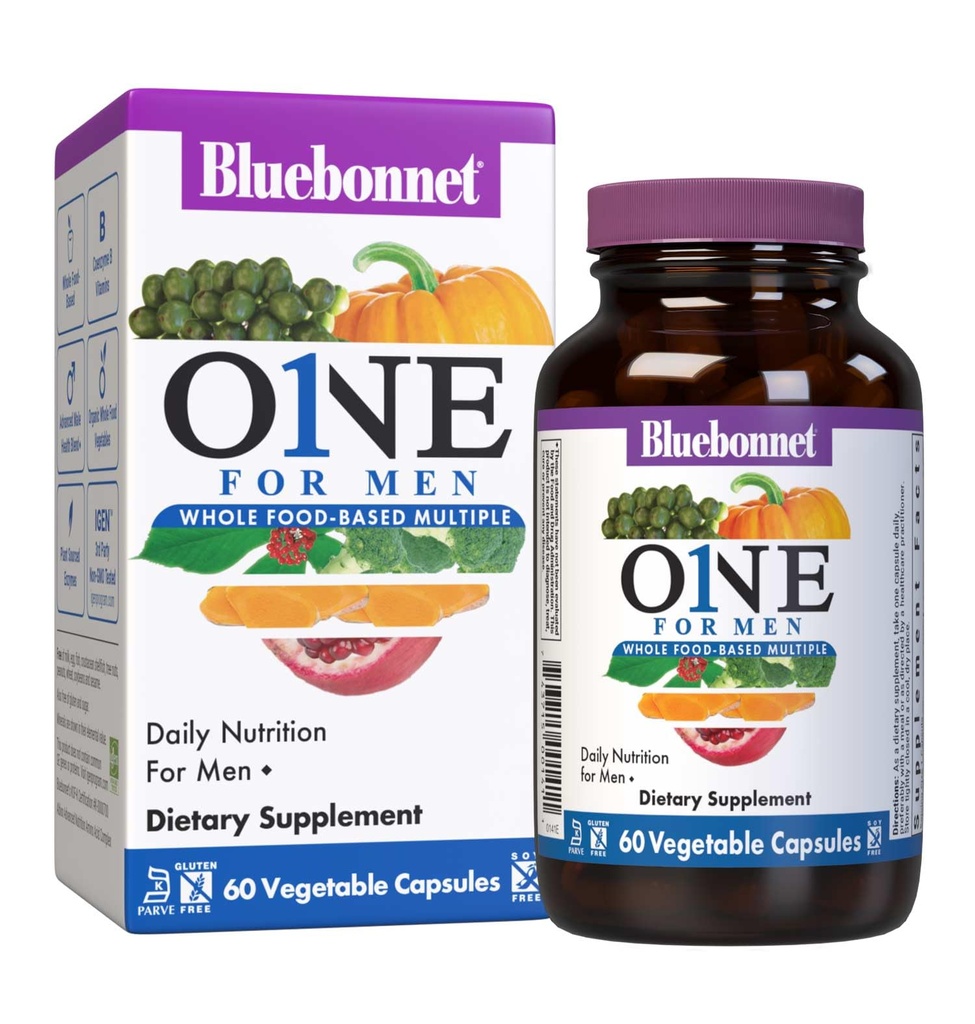 Bluebonnet Nutrition Men 's One Vegetable Capsule, Whole Food Food, K2, Organic, Energy, Vitalitas, Non-GMO, Gluten, Soy & Milk Free, Kosher, 3 Month Supply, 90 Count