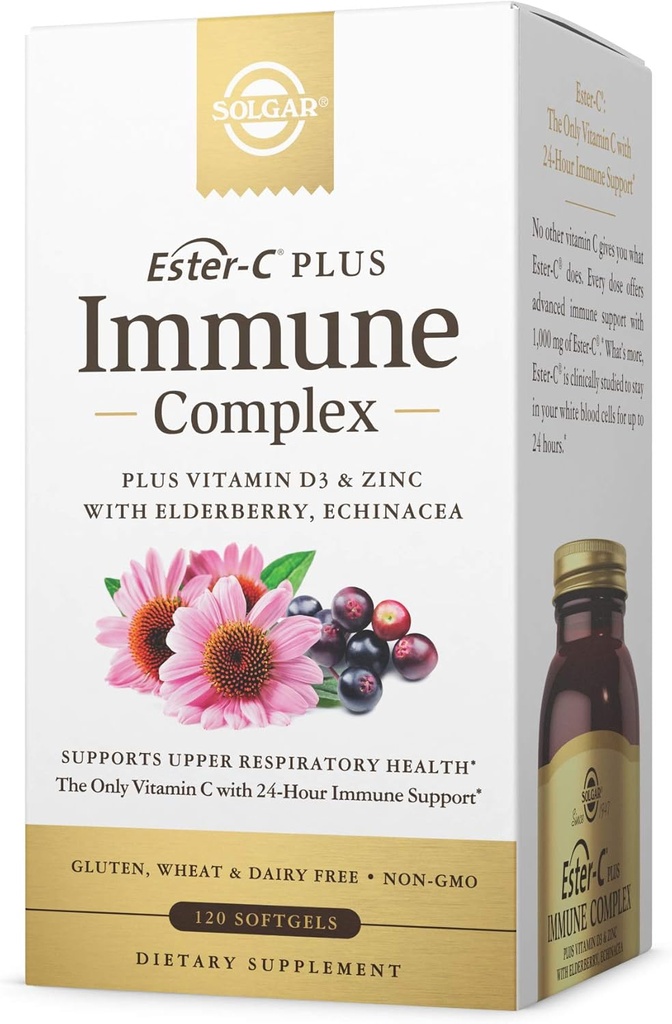Solgar Ester-C Plus Kompleks Immune -120 Softgels, 24- Hour Immune Support, Support Upper Respiration Health - Plus D3, Zinc, Elderberry & Echinacea - Non-GMO, Gluten Free, Dairy Free - 60,