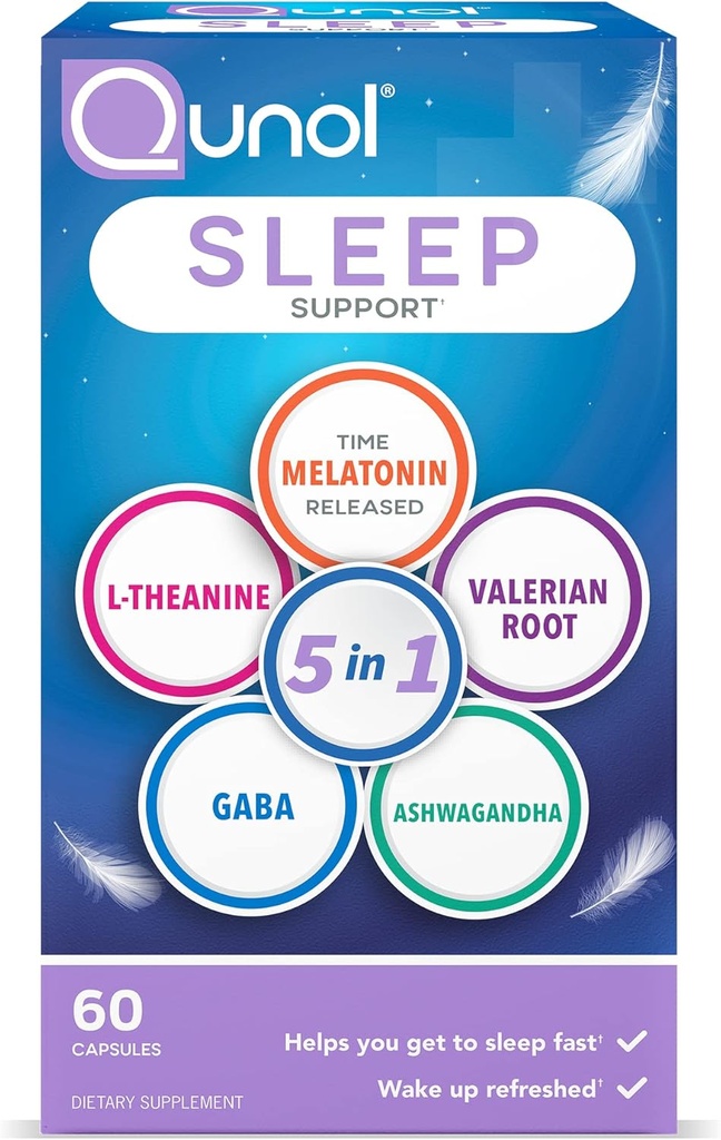 Quhol Sleep Dukung, 5 in 1 Non- Habit Forming Sleep Aid, Suplemen dengan waktu-merilis Melonalin 5mg, Ashwagandha, GABA, Valerian Root, L- Theanine, 60ct Capsules