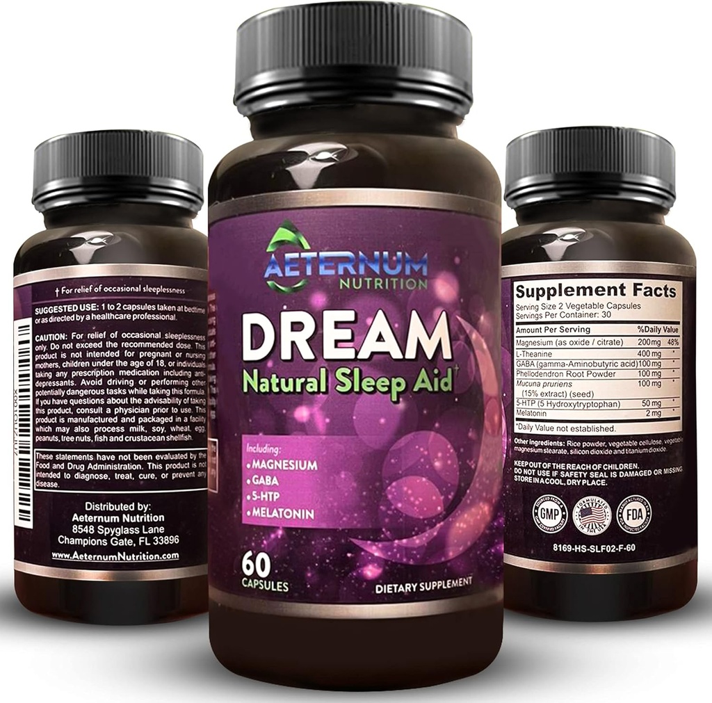 Suplemen Dream Natural Sleep - Relaxing Sleep, Wake Reasted - Non Habit Aid Capsules Free from Sugar, Carbs - Melonasium, Magnesium, 5HTP, L- Theanine, GABA- None-GMO 60 Pill Tidur