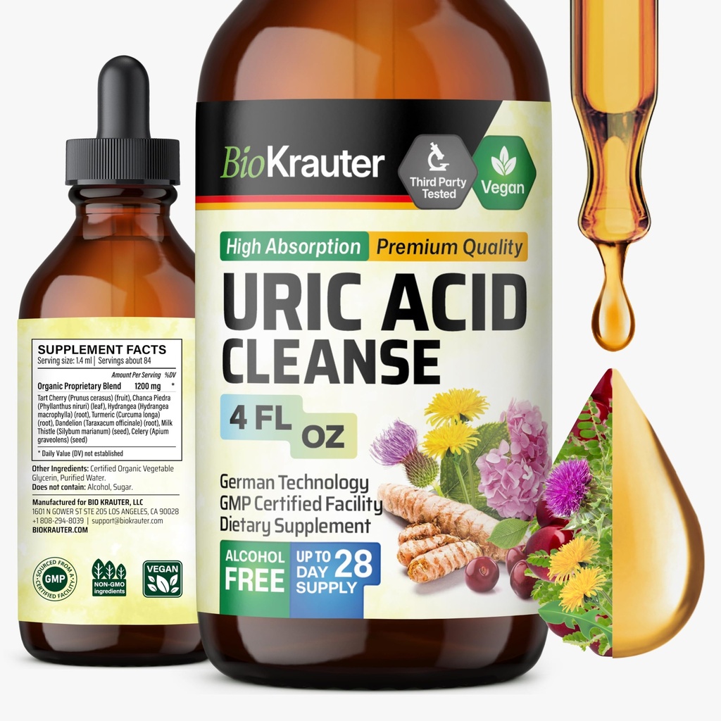 BiO KRAUTER Uric Acid Support-Natural Kitney Suplement w / Tart Cherry, Milk Thistle, Turmeric Herbal Cair Extracts - Vegan Drops 4 Fl.Oz.