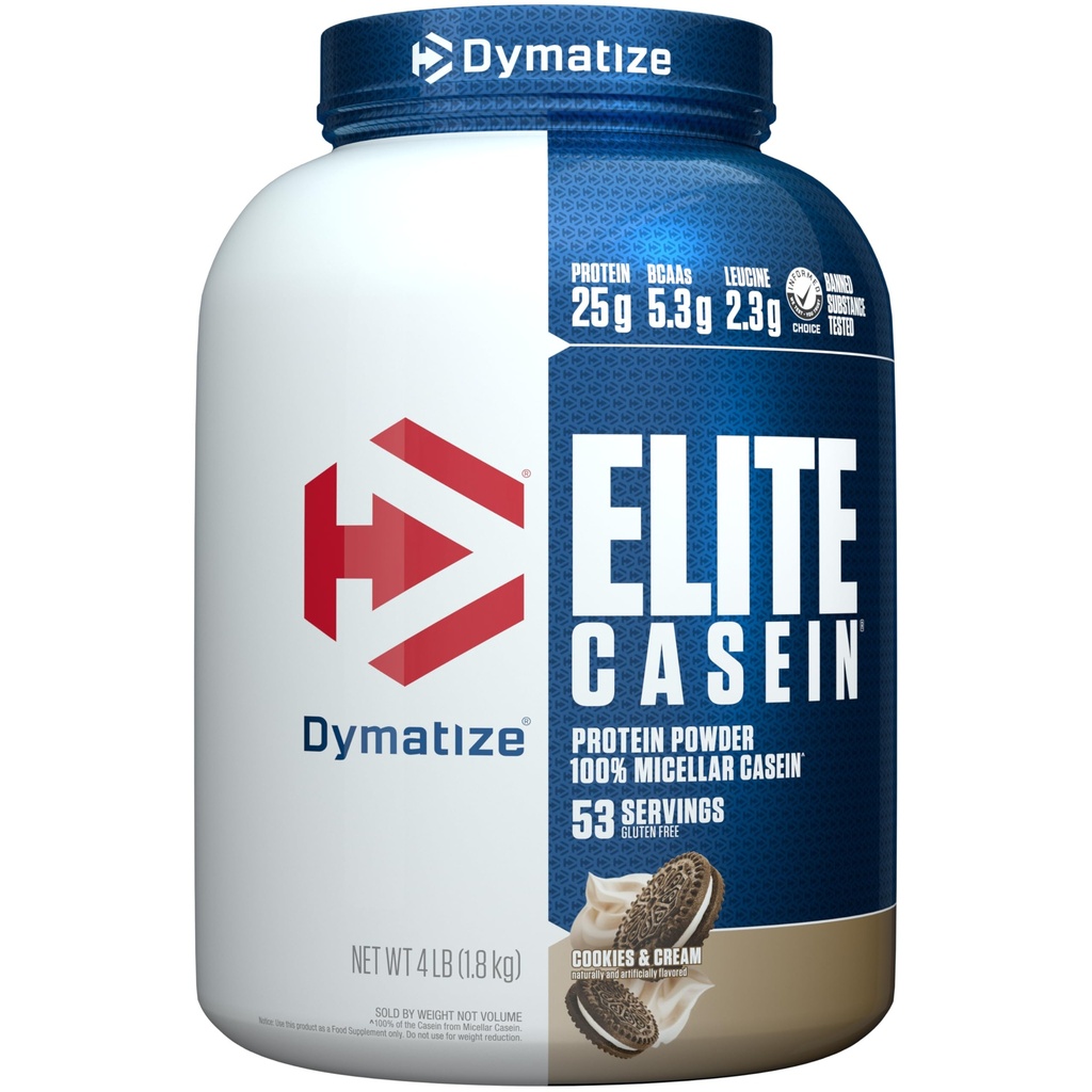dymatize Elite Casein Protein Powder, Cookies & Cream, 100% Miveloft Casein, 25g Protein, 5.4g BCAAs, 2.3g Leucine, Slow Absorbing for Overnight Muscle Recovery, 4 lb (53 Pelayan)