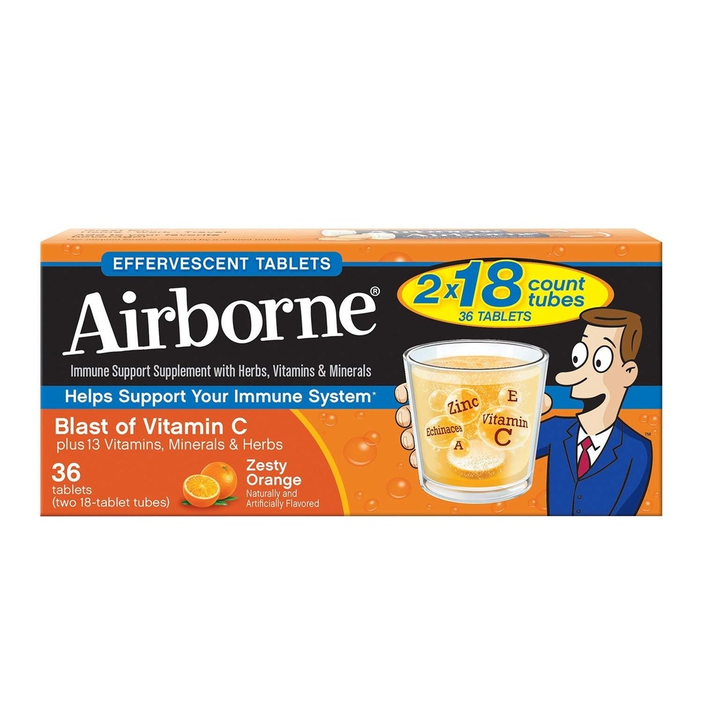 Vitamin C 1000mg (servis) - Airborne Zesty Orange Effervescent Tablet (36 dihitung dalam sebuah kotak), Gluten- Free Immune Supplemen dan Tinggi Antioksidants