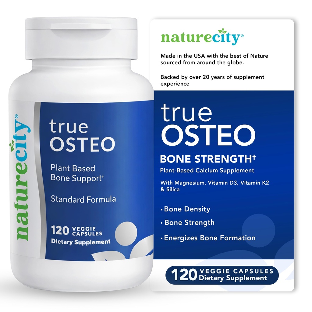 NatureCity True- Osteo Plant- Berdasarkan Suplemen Bone Power 124; AlgaeCal Calcium & Magnesium, Plant-Based Vitamin D3, Vitamin K2, Silicon 124; Gentle on Stomach (120 Veggie Capsules)