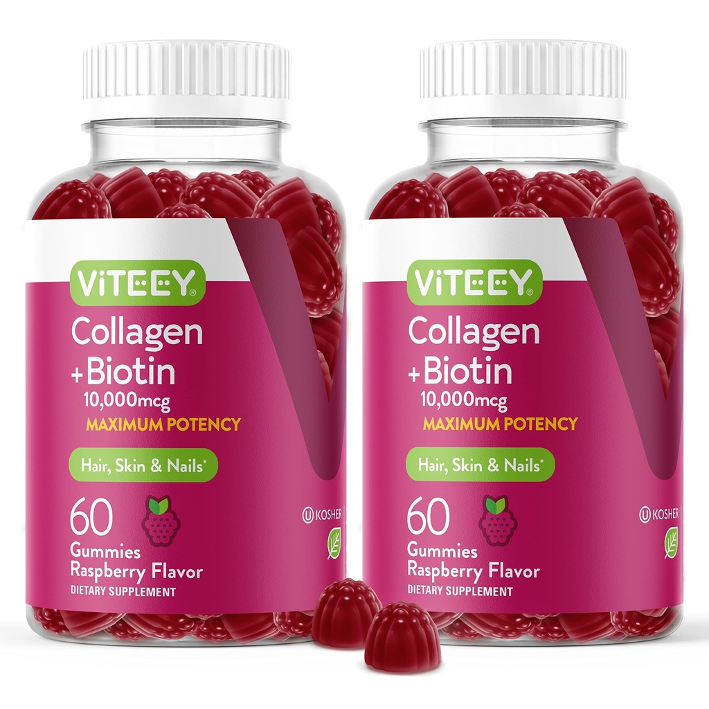 Viteey Collagen Gummies dengan Mimi Biotin untuk Hair Skin dan Nails Vitamin - Biotin dan Collagen Suplemen Perempuan & Pria - Vegan, Gluten- Bebas - 120 Cacah