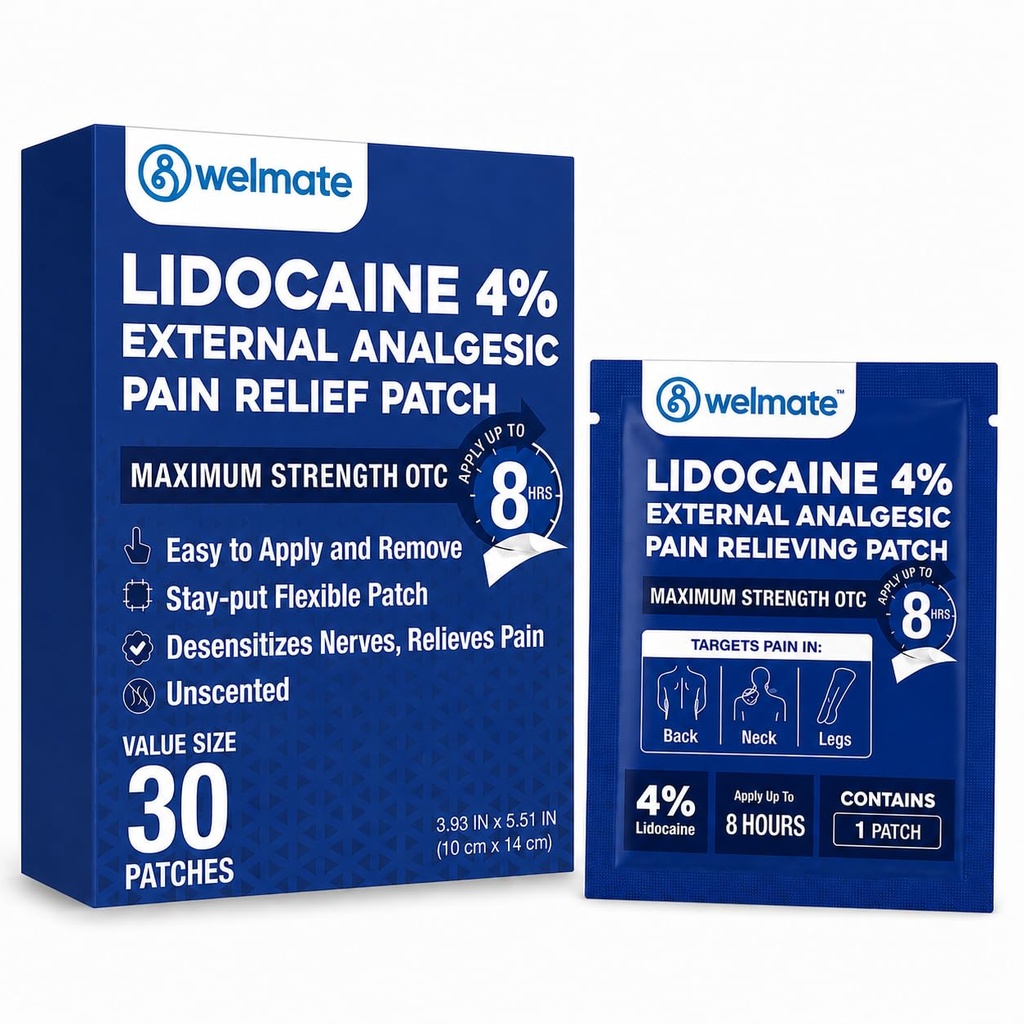 WELMATE - 4% Lidocaine Nuclearing Patch - Maximum Power - Temporary Relief of Pain, Back, Neck, Shoulders, Elbow, Minor Skin Irrities