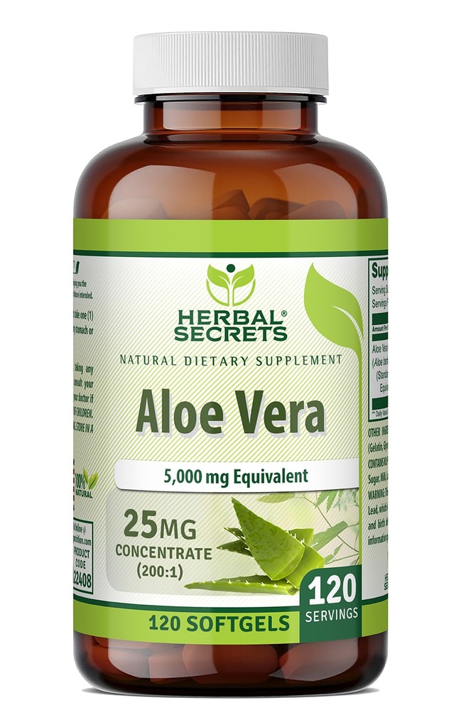 Herbal Secrets Aloe Vera 25 Mg berkonsentrasi 200: 1 124; 5000 Mg Equiliovate 124; 120 Softgels 124; Non-GMO 124; Gluten- Free 124; Made in USA