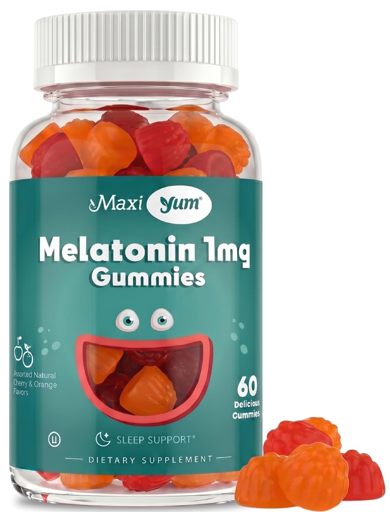Maxi Health 1mg Melatonin Gummies - Anak-anak Melonalin Chewables dengan Cherry & Orange Flavor - Dewasa dan Tambahan Bantuan Bayi Tidur untuk Mendukung Reverful Nights (60 Count)