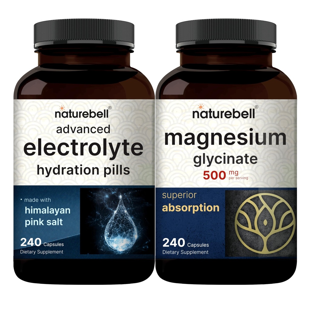 NaturreBell Magnesium Glycinate Capsules 500mg & Advanced Electrolite Hydration Pill Bundle Bundle Bundle 124; yang disediakan & Purified Mineral 124; Fast Hydrating Keto Electrolytes