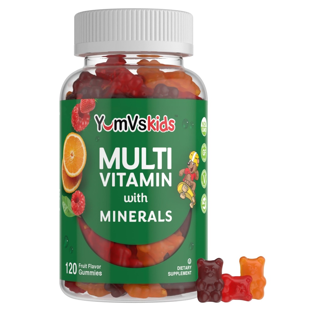 YumVs Kids Multivitamin Gummies - Fruit Flavored Chewable Children 's Multivitamin - Kids Vitamin Gummy with 12 Mineral & Vitamin A C D3 E B6 B12 (120 Count (Pack of 1))