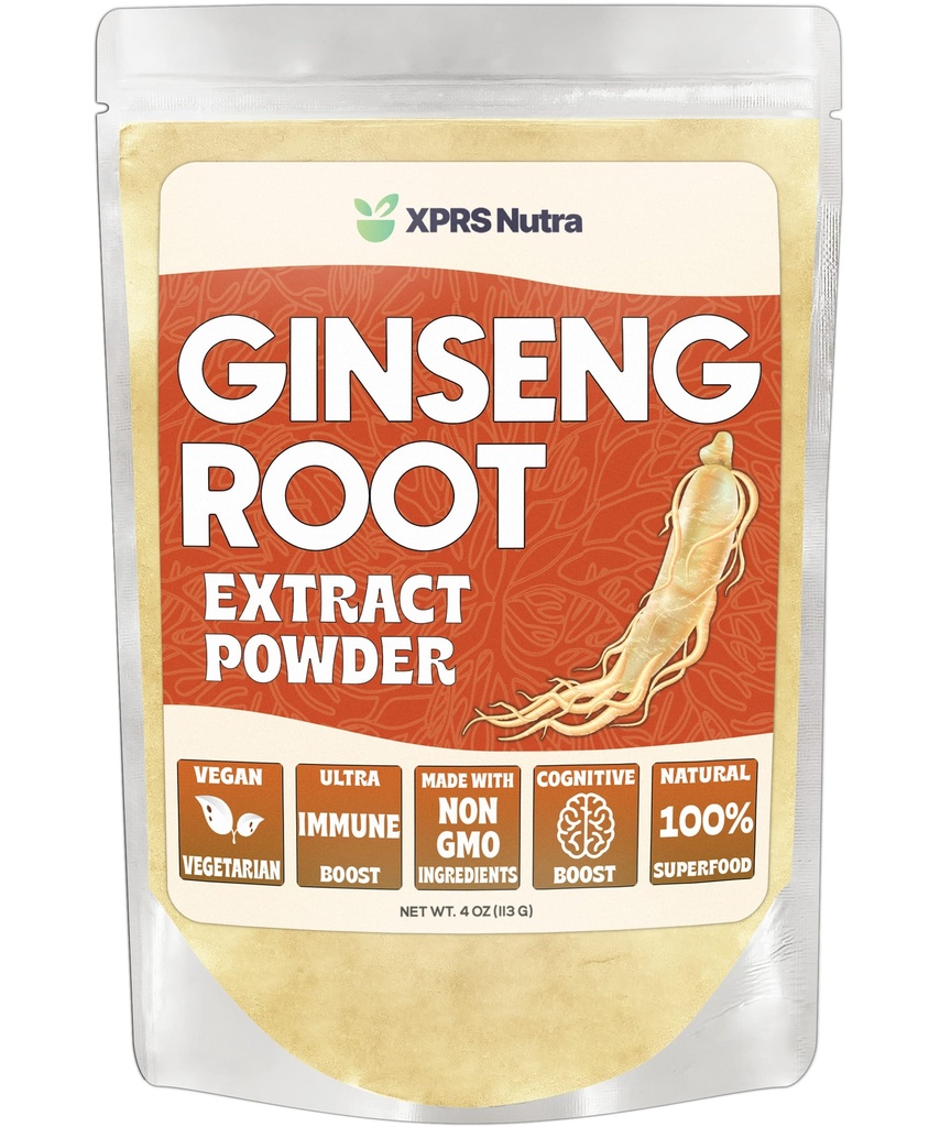 XPRS Nutra Ginseng Root Extract Powder - Ginseng Powder Support Fungsi Kognitive, Performance Fisik, dan Sistem Imune - Vegan Friendly Panax Ginseng dalam Formasi Powder (4 Ounce)