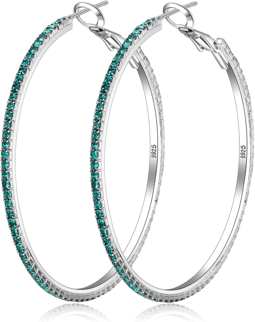 925 Sterling Silver Earrings Large Rhinestone Hoop Earrings Big Cubic Boop Earrings Thin Rhinestones Round Hoop Earrings for Women 20 / 30 / 40 / 50 / 60 / 70mm Sparkly Hoops Dengan Kristal untuk Womens