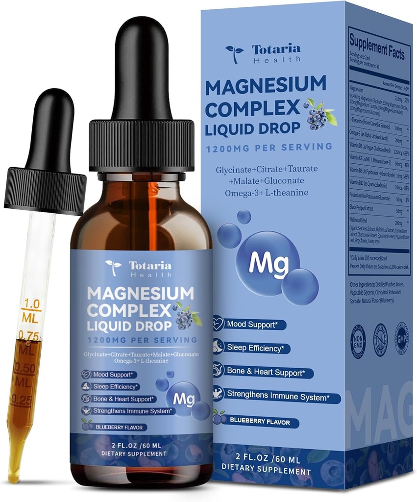 21 di 1 Magnesium Glycinate Kompleks Liquid Drop dengan Vitamin D3, K2, B6 & B12 plus L-Theanine Omega- 3 Lemak Laut Extract for Energy, Tidur, Gabungan, Heart Health Sugar Blueberry Flavor Bebas, 2 Fl Oz