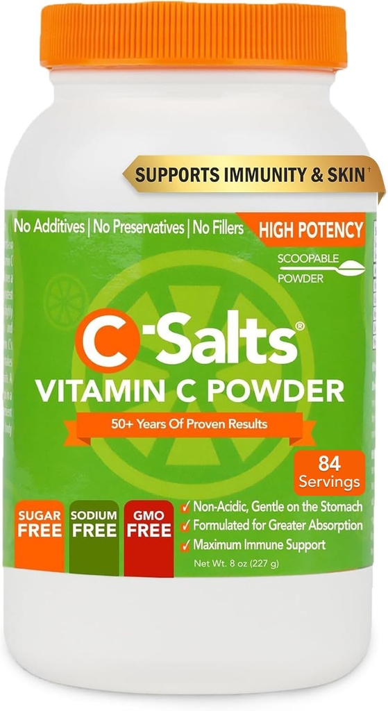 C-Salts Vitamin C Powder Supder Tambahan - 100% Pure High Dose Buffered Vitamin C Powder untuk Dukungan Imune - Organik, Sugar- Bebas, Vegan, Non- GMO, Stoach- Friendly, 8 oz Asli