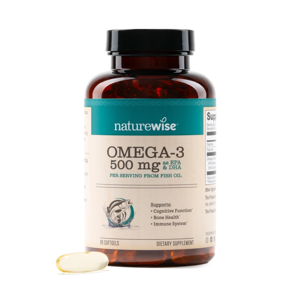 Naturewise Omega 3 Fish Oil - 500 mg per pil - EPA & DHA - Dukungan Imune, Kesehatan & Optimal Wellness - Gluten dan Soy Free, Non-GMO - 90 Softgels [3- Bulan Suppply]