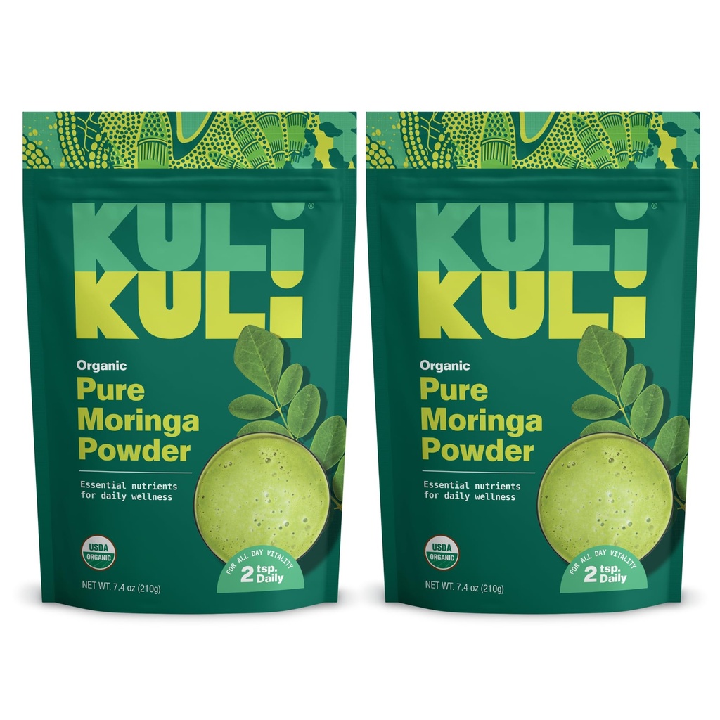 Kuli Kuli Moringa Oleifera Powder Organik & Green Smoothie, 100% Ugmurni USDA bersertifikat & Non-GMO Moringa Powder, Hebat dengan Smoothies, Tea, dan Food, 2 Pack