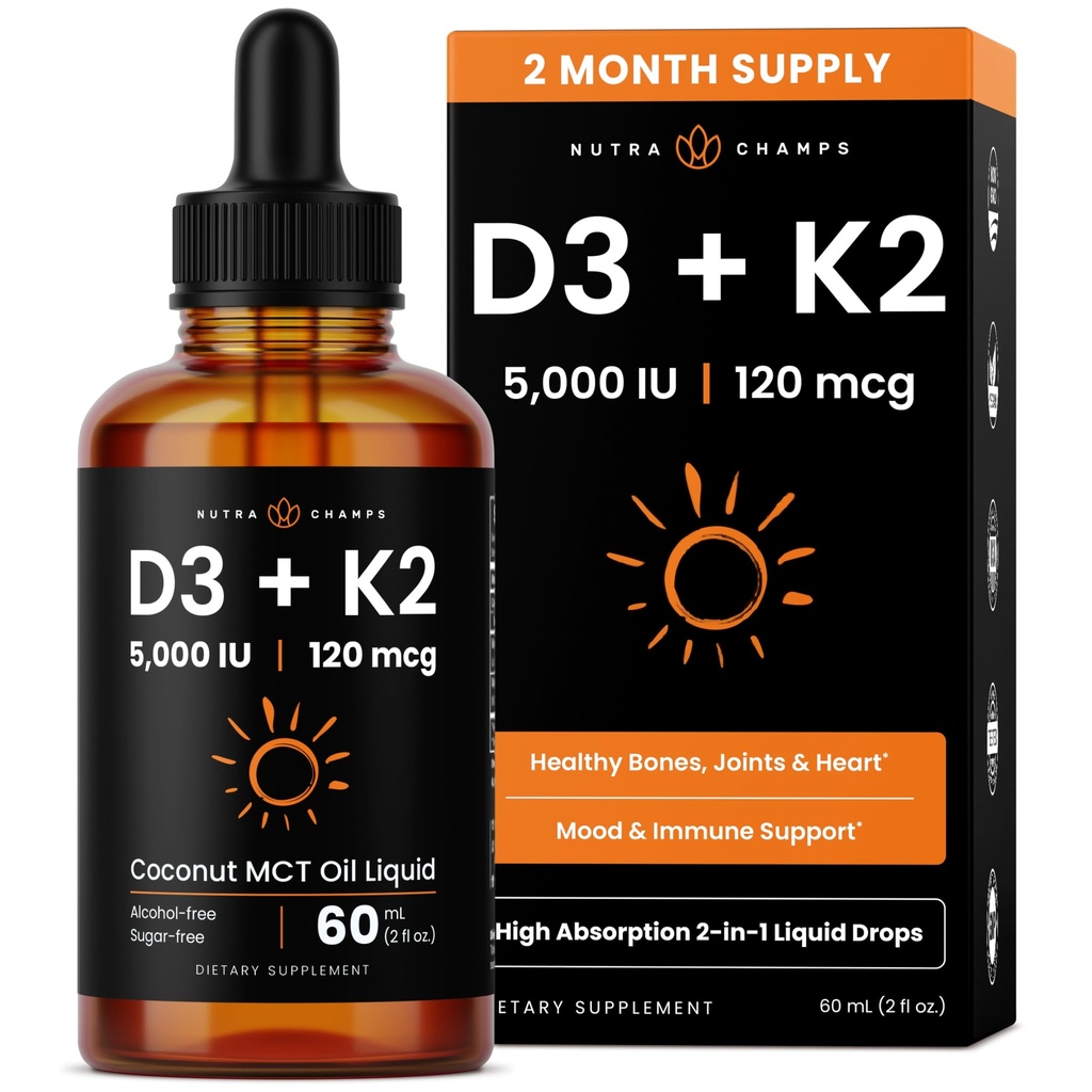NutraChamps Vitamin D3 K2 Drops, Liquid Vitamin D3 5000 IU & K2 D3 with MK7, Vitamin D Drops for Kids, Bones, Heart & Imune Health, Liquid Vitamin D in MCT Oil for Better Absorpsi