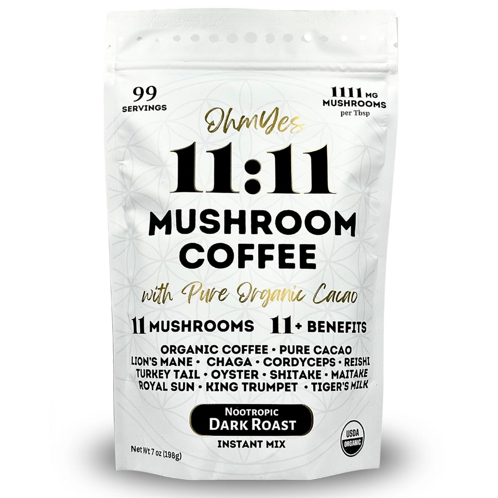 Ohmyes 11 Mushroom Coffee dengan Cacao - 11 USA Grown Adaptogenic Jamur untuk Fokus, Clarity & Energy - Lion 's Mane, Reishi, Chaga + Nootropic Organic Superfood oleh OhmYes (7oz) - 99