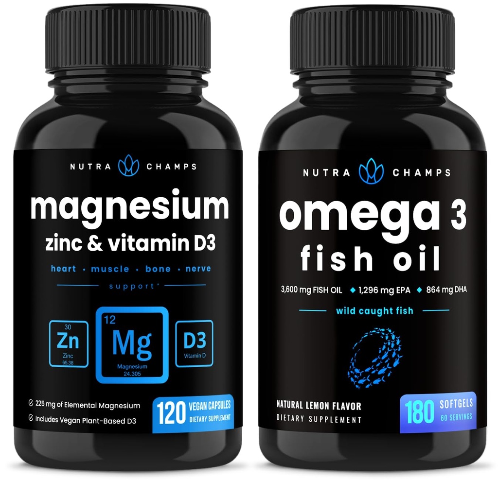 NutraChamps Magnesium Zinc & Vitamin D3 Capsules dan Omega 3 Fish Oil Capsules 2 Pack Bundle