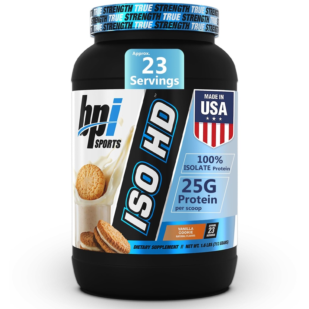 BPI Sports ISO HD Isolate Protein Powder - 100% Whey Isolasi, Powder Protein untuk Muscle Gain - Vanilla Cookie - 1.6 Lb - 23 Hamba