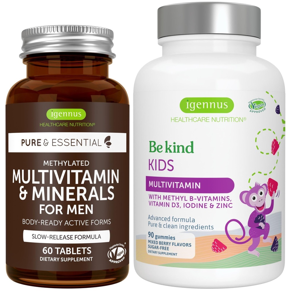 Multivitamin & Minerals for Men + Advanced Kid Multivitamin Gumi Bundle, with Methylated B-Vitamin, Vitamin A, C, D3 & E, Clean Label, 60 Tablets + 90 Berry Flavor Gummies, by Igennus