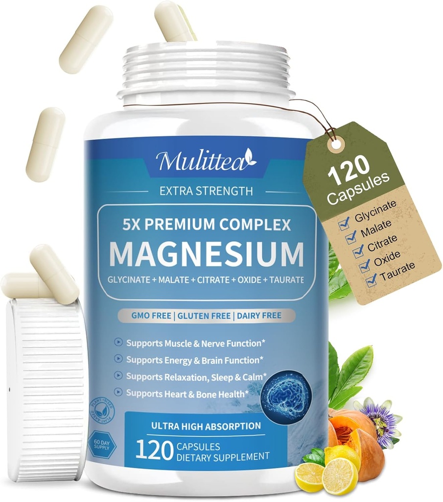 Magnesium Complex Cheleated Magnesium Glycinate w / Malate, Taurat & Herbal Ekstraksi untuk Dukungan Tidur, Muscle, Kesehatan Cortisol & Heart, Gluten Bebas, Vegan, Non GMO, Absorpsi Tinggi, 120 Capsules