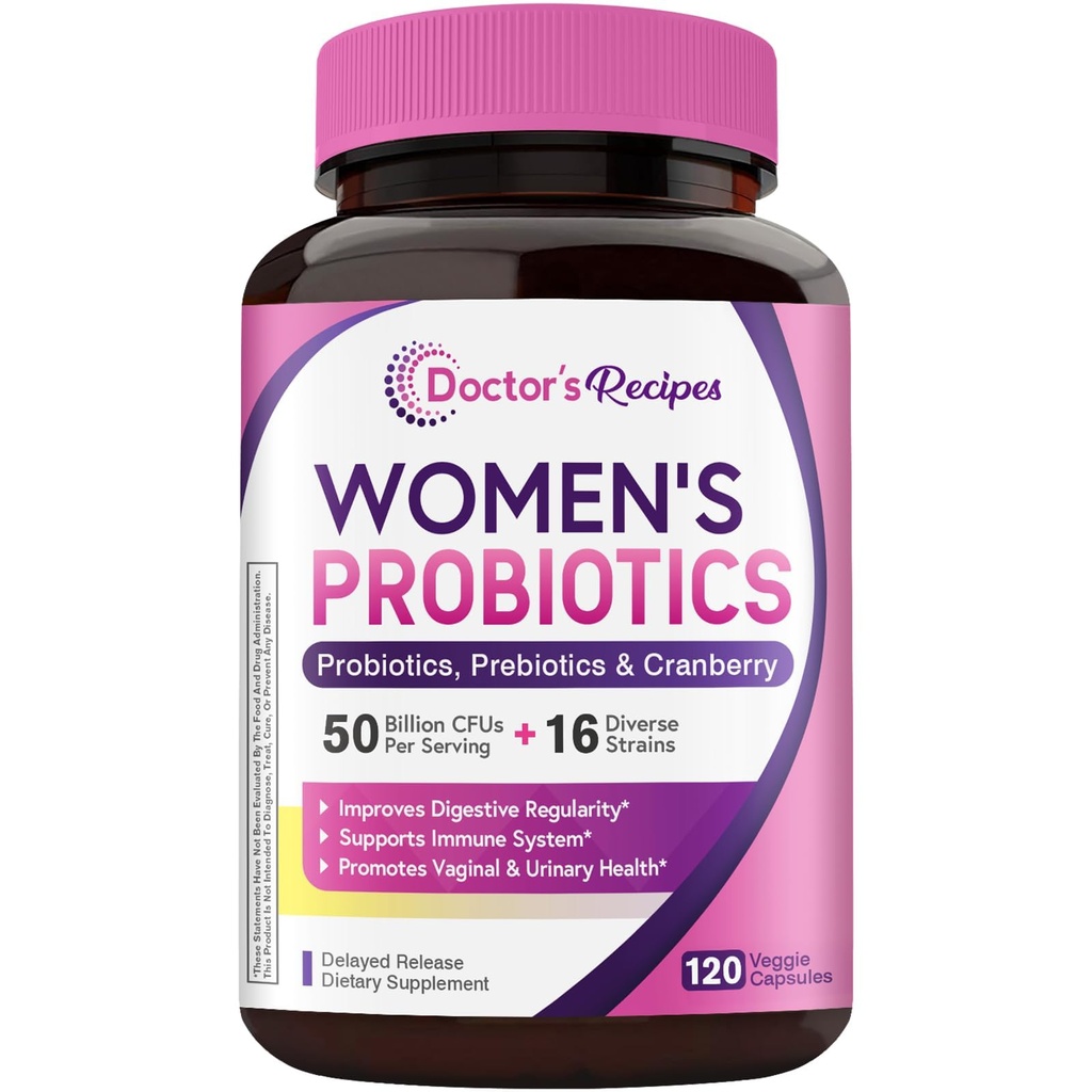 Dokter 's Recipes Women' s Probiotic, 120 Caps 50 Milyar CFU 16 Strains, dengan Organik Cranberry, Digetical Ammune Vaginal & Urinary Health, Shelf Stable, Deminded Release, No Soy Gluten Dairy