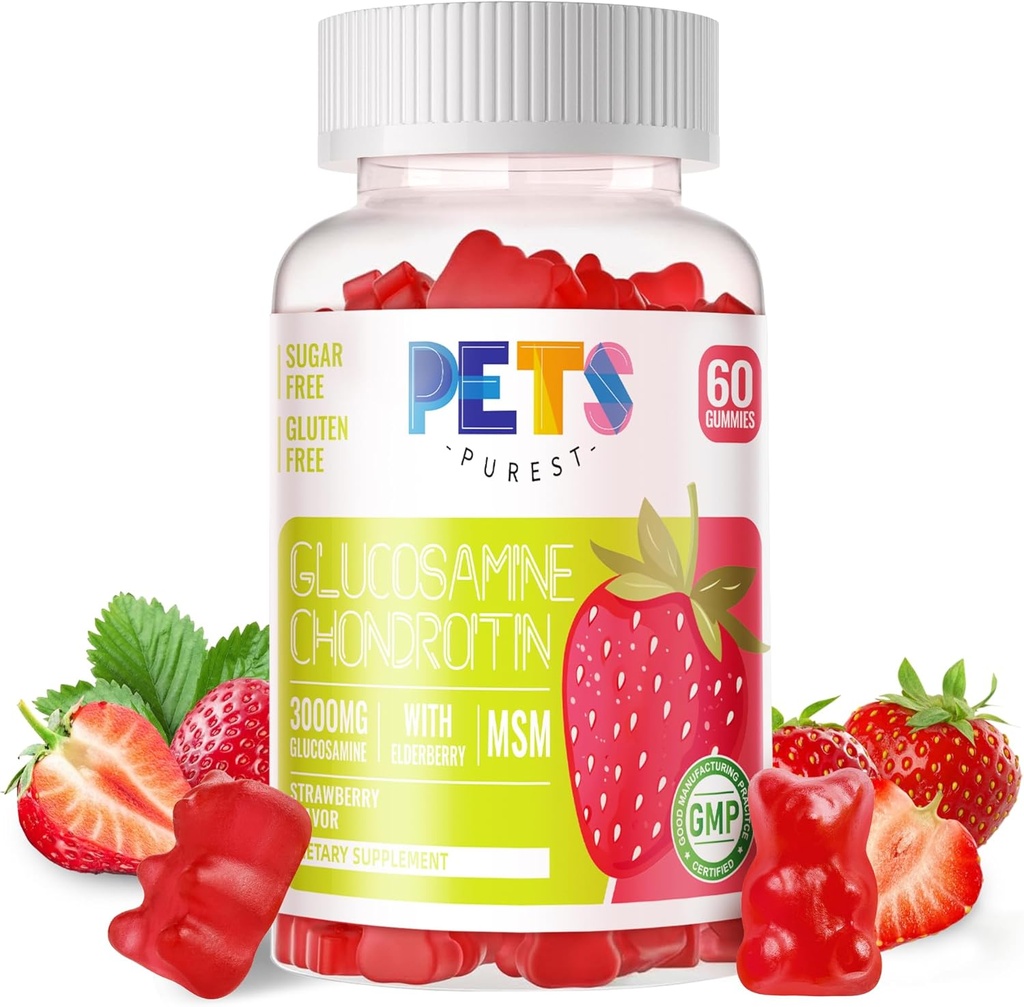 Pets Purest Glucosamin Chondroitin Gummies with MSM & Elderberry Extra Strength - Joint, antioksidant Immune Supplemen untuk Dewasa, Pria & Perempuan. Strawberry