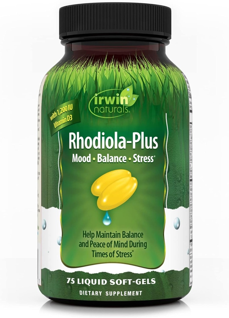 Irwin Averal Rhodiola - Plus - 75 Liquid Soft- Gels - Membantu Menegakan keseimbangan & Perdamaian Pikiran - dengan L- Theanine, Vitamin D3 & Magnesium - 25 Hamba