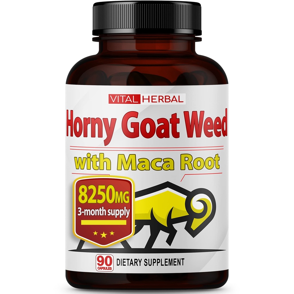 Vital Herbal Horny Goat Weed Capsules for Maximum Kekuatan dengan Maga Root Tribulus Ashwagandha Tongkat Ali Panax Ginseng untuk Wanita Pria, Boost Energy (90 Count (Paket 1))