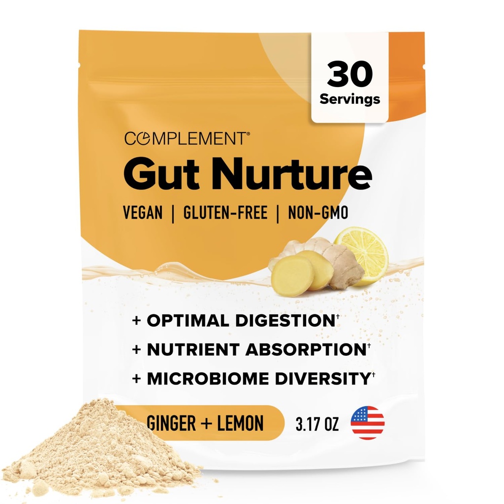 Komplement Gut Nurture Prebiotic + Postbiotic Superfood Powder for Leaky Gut Repair, Progories for Digetical Health - Ginger Root - 30 Servis